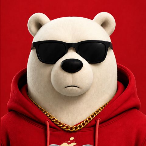 Oso polar de Punto Frío con lentes oscuros, cadena dorada y sudadera roja con el logo